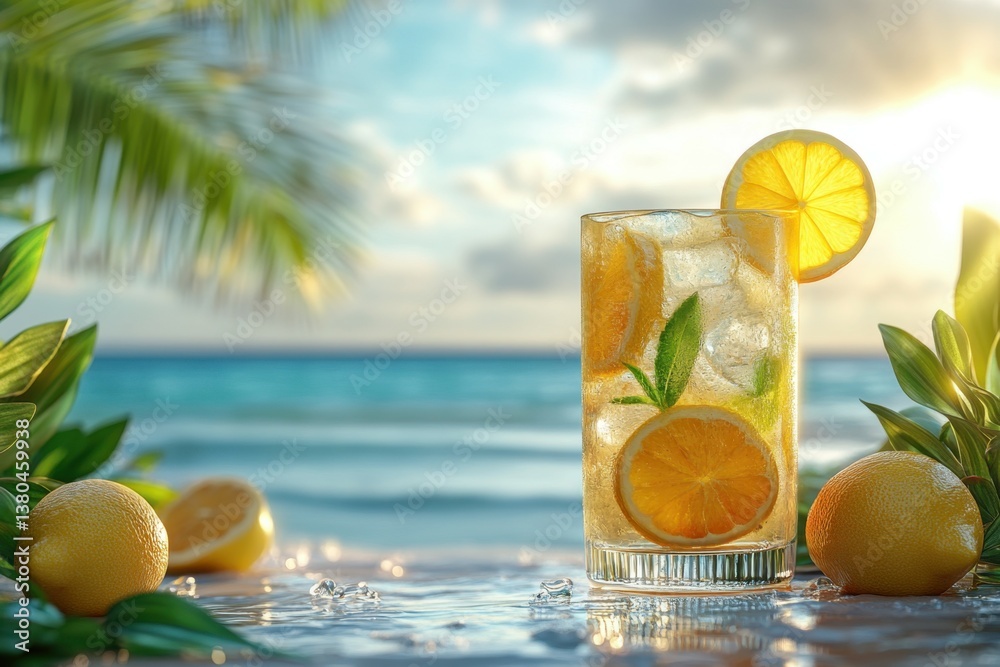 Tropical Citrus Refreshment: A refreshing iced drink with citrus fruits is presented on a tropical beach, offering a glimpse of paradise, capturing the spirit of summer. Tropical Citrus Refreshment: A refreshing iced drink with citrus fruits is presented on a tropical beach, offering a glimpse of paradise, capturing the spirit of summer.