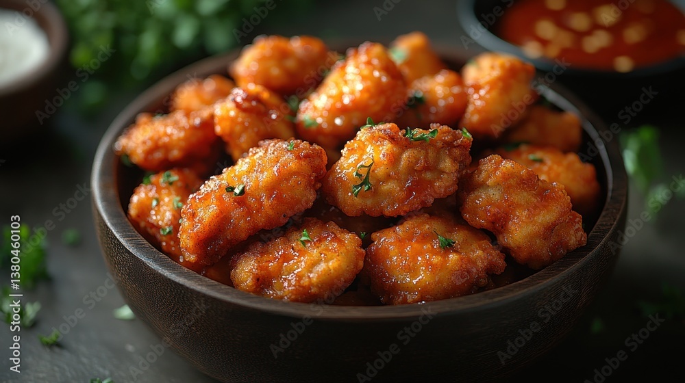 Spicy Chicken Bites in a Wooden Bowl