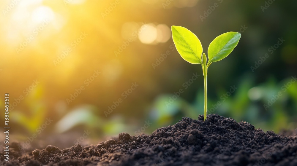 New sprout emerging from rich soil, bathed in sunlight New sprout emerging from rich soil, bathed in sunlight