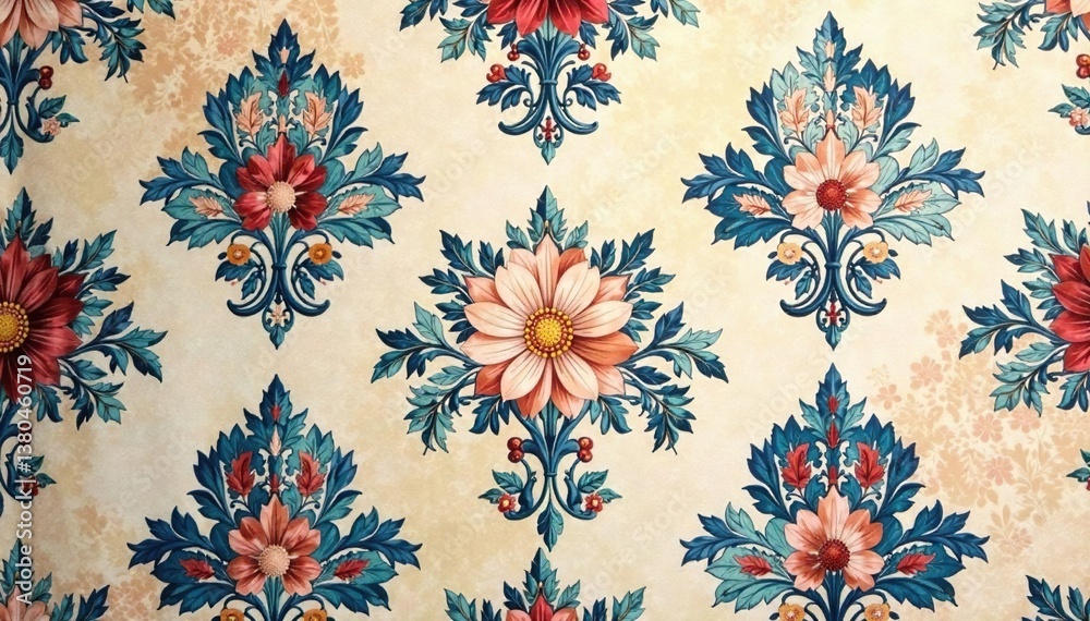 Intricate floral damask wallpaper in muted tones, repeating pattern, textile Intricate floral damask wallpaper in muted tones, repeating pattern, textile