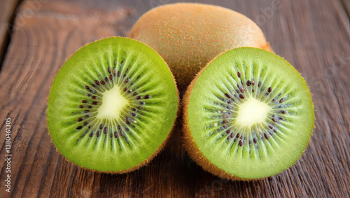 Reife Kiwi halbiert auf rustikalem Holztisch mit ganzer Frucht im Hintergrund
 photo