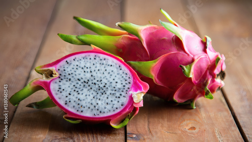 Geschnittene Drachenfrucht auf Holztisch mit ganzer Frucht im Hintergrund
 photo