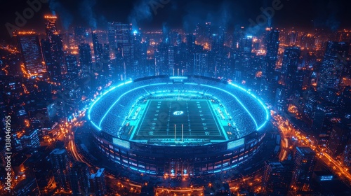 Night Stadium: Aerial View of Illuminated Football Stadium in a City
