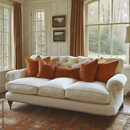 Cream sofa with orange accents in a sun-drenched living room with scenic view photo