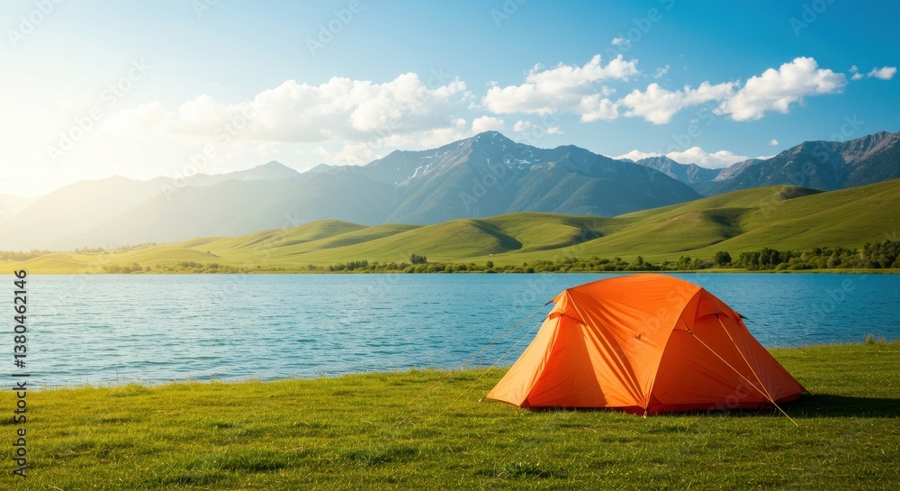 Orange tent set up on grassy shore with lake and mountains in the background on a sunny day Orange tent set up on grassy shore with lake and mountains in the background on a sunny day