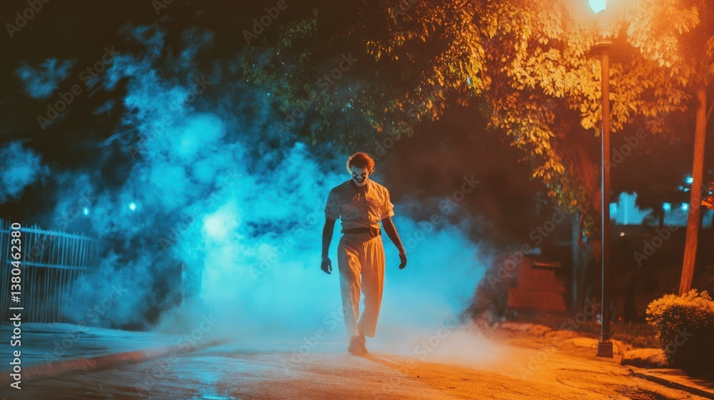 Fototapeta premium A sinister clown walking down a foggy and illuminated street