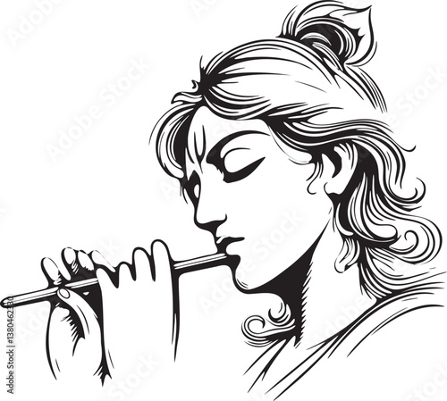 Elegant Black and White Line Art of Lord Krishna Playing the Flute