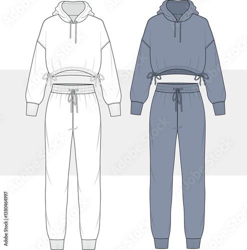 Jogger and hoodie tracksuit set for women technical drawing, home wear, sleep wear, sweatshirt, hoodie and pajama set illustration, vector, Cad, Mockup.