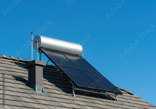 Solar water heater system on a roof with a chimney against a clear blue sky on a bright sunny day