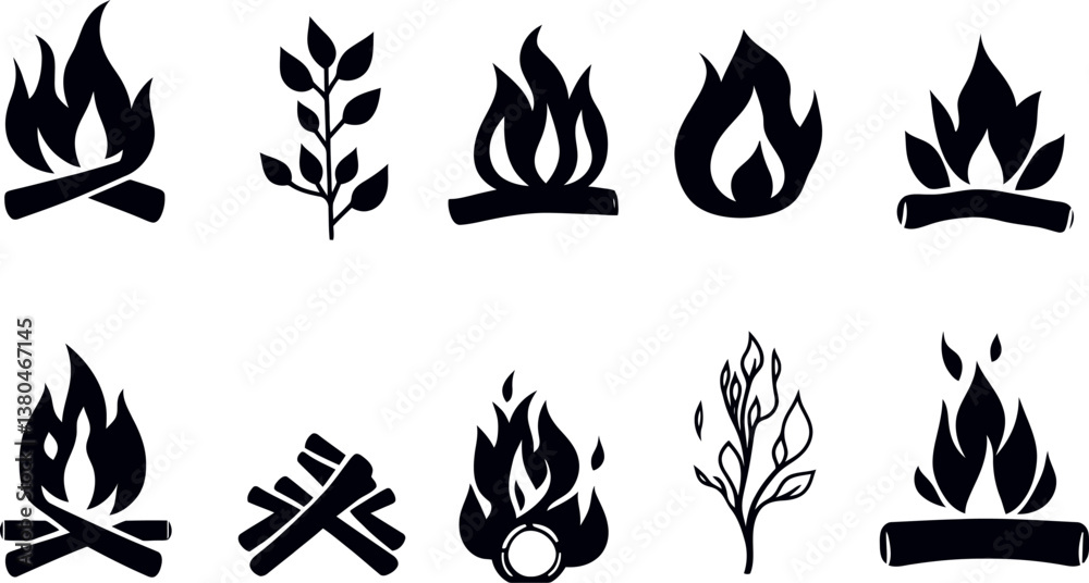 Collection of Vector Art Featuring Various Fire and Plant Icons for Design Use Collection of Vector Art Featuring Various Fire and Plant Icons for Design Use