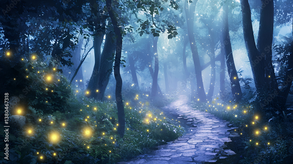 Fototapeta premium Watercolor Scene of Mystical Forest with Fireflies