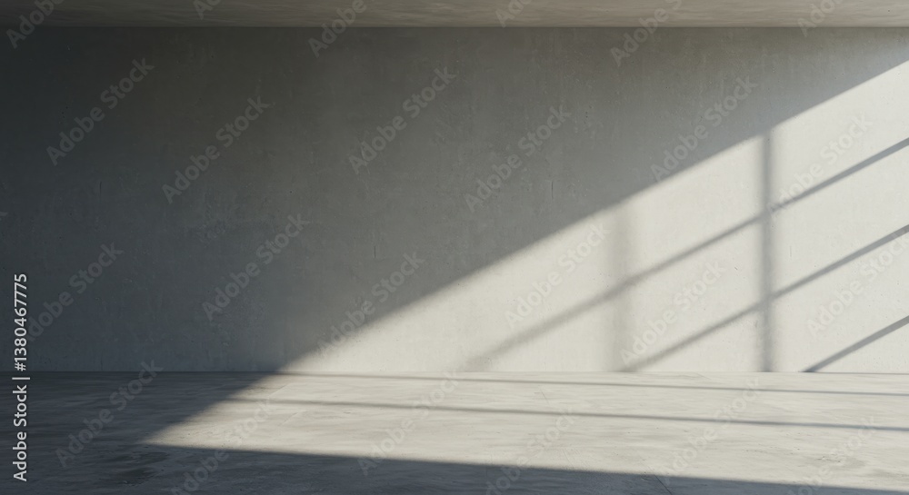 Interior space with light streaming in through windows creating a pattern on the wall and floor Interior space with light streaming in through windows creating a pattern on the wall and floor