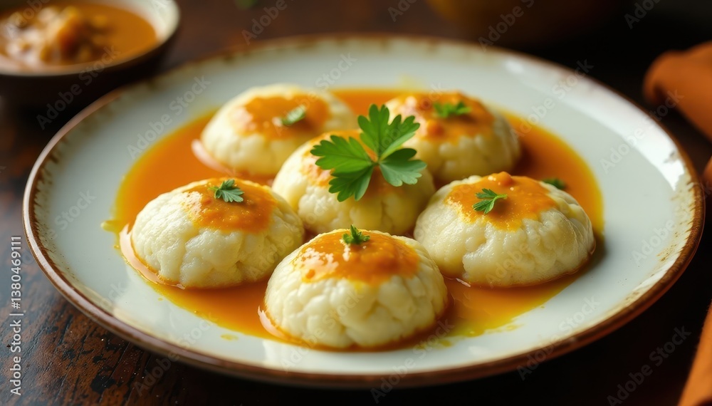 A plate of idlis with sambar and chutney, garnished with fresh cilantro, fresh, sambar A plate of idlis with sambar and chutney, garnished with fresh cilantro, fresh, sambar