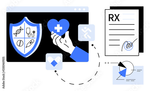 Shield with medical icons, hand holding heart with medical cross, prescription document, charts, and symbols. Ideal for healthcare, digital security, data visualization, telemedicine insurance