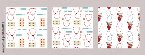 Set of vector seamless pattern with medical tools. Health care and medicinne wallpaper. Repeat textures in a flat style with stethoscope, pills, heart and thermometer.