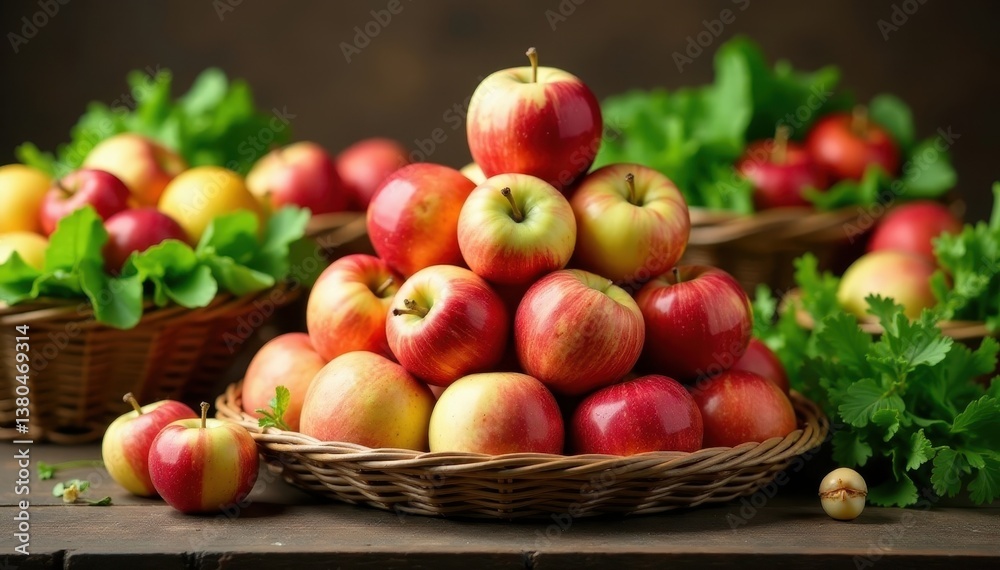 A pyramid of crisp apples alongside baskets of leafy greens, grocery basket, fruit stand A pyramid of crisp apples alongside baskets of leafy greens, grocery basket, fruit stand