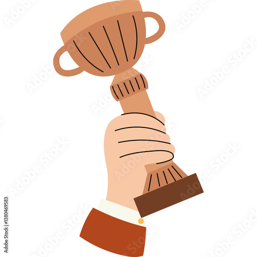 Hand holding a bronze winner's trophy.  Prize Third Place awards. Symbol success, championship, triumph, best champion.