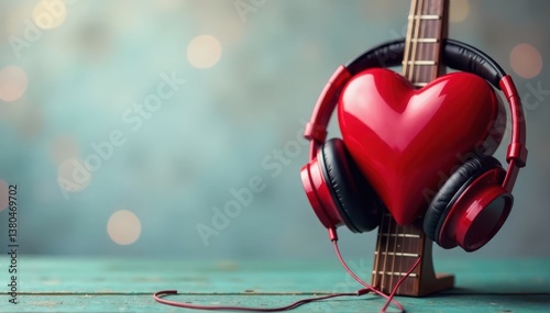 A red heart with headphones hanging from a guitar or music stand, musical instrument, music