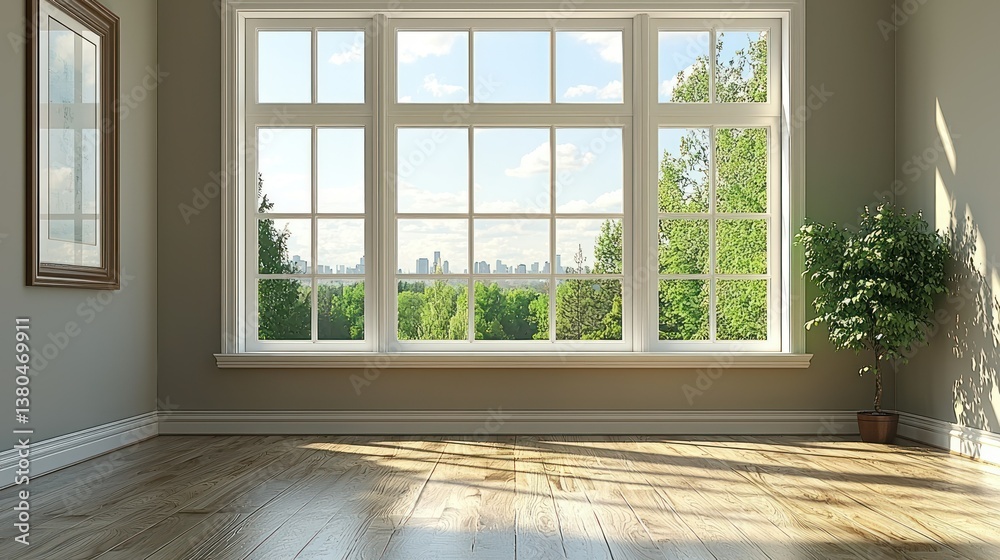 Fototapeta premium Serene Room with Large Window and City View