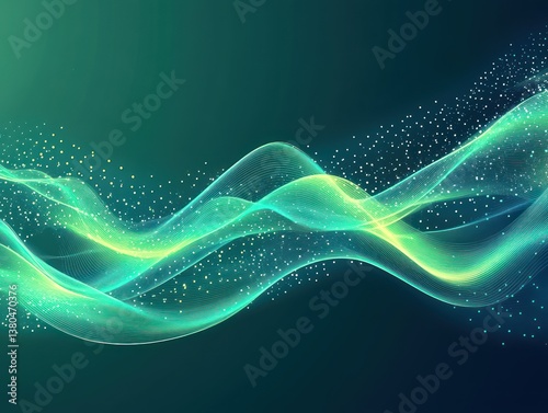 A fluid abstract design of bright cyan and lime green waves on a gradient dark to light teal background