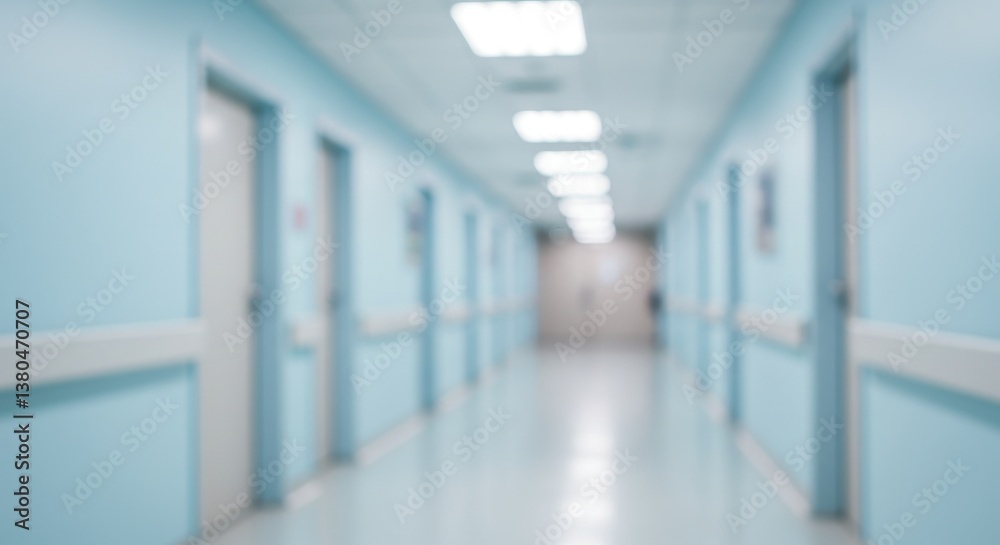 Blurred hospital hallway with doors and lights showing a sense of cleanliness and sterility Blurred hospital hallway with doors and lights showing a sense of cleanliness and sterility