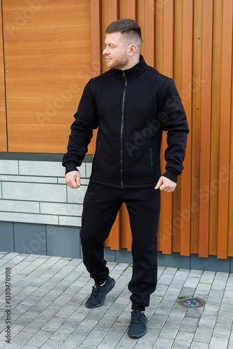 Obraz na płótnie A man is confidently posing outdoors in a stylish black athletic outfit, which perfectly complements the sleek and modern architectural structure that is set nearby in the picturesque background w salonie