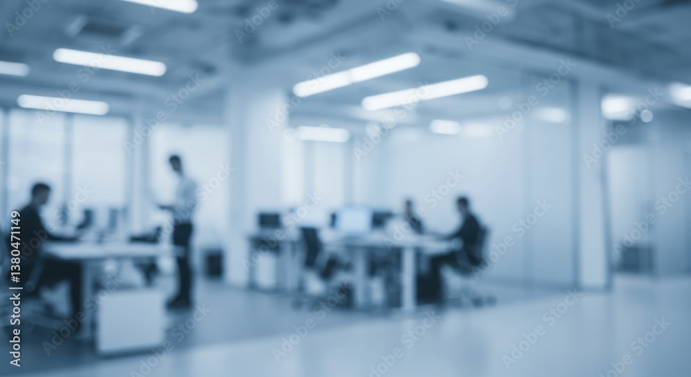Fototapeta premium Blurred image of people working at desks in a modern office with bright lighting and large windows