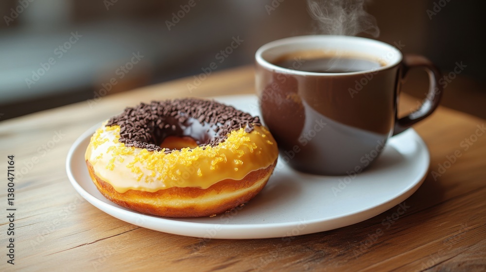 Steaming Hot Coffee with a Chocolate Sprinkled Doughnut on Wooden Table Steaming Hot Coffee with a Chocolate Sprinkled Doughnut on Wooden Table