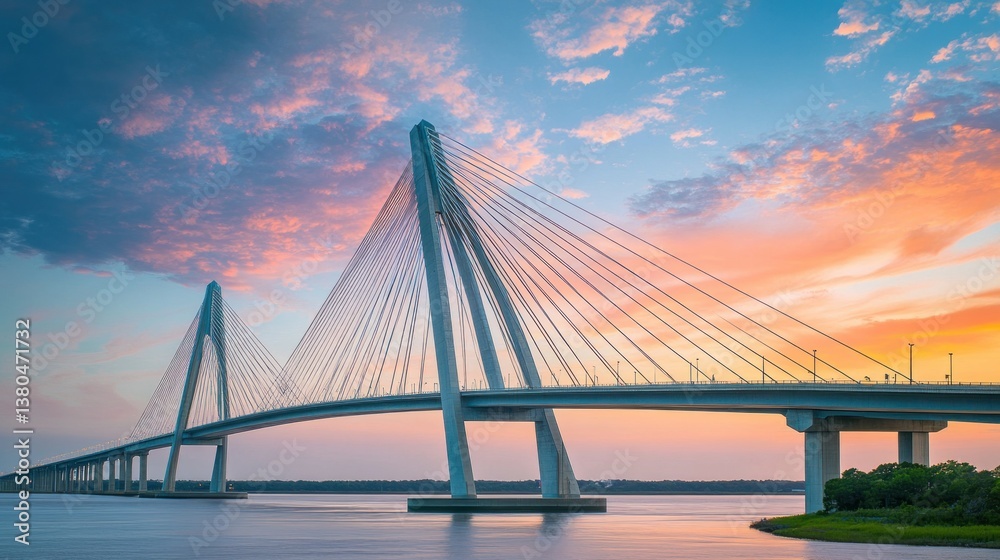 Obraz premium A long suspension bridge spans water beneath a colorful sunset