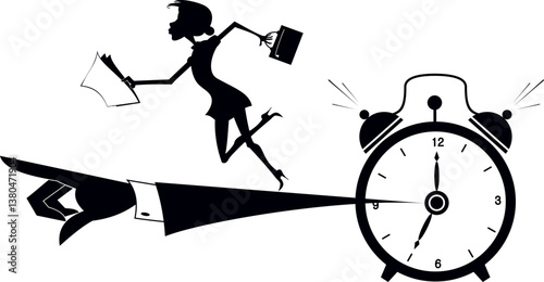 Businessman. Time concept. Deadline. 
Hand from the alarm clock points the direction where to go to a businesswoman with bag and papers. Black and white illustration
