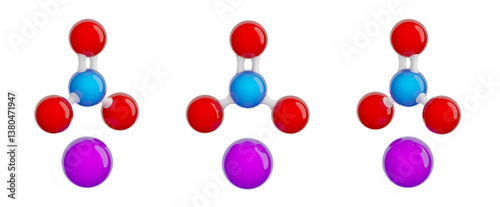 Molecule of potassium nitrate (saltpetre). Set of views. Molecular formula: KNO3. Chemical model: Ball and stick. Isolated. Transparent background. 3D illustration photo