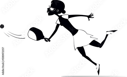 Smiling woman playing pickleball. 
Smiling girl plays pickleball. Black and white illustration
