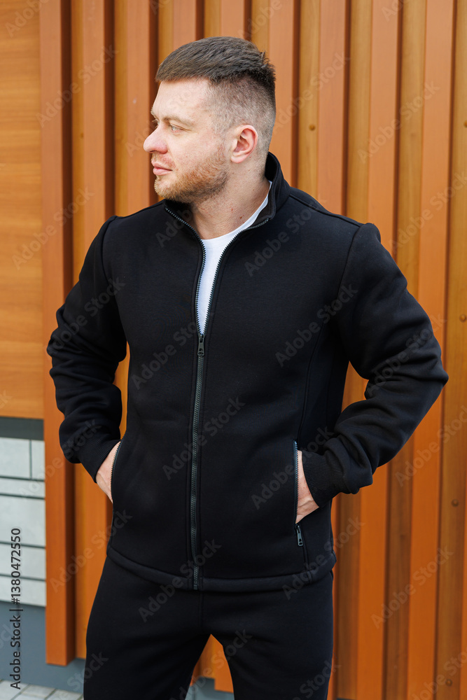 A stylish man, donned in a sleek black jacket, strikes a confident pose against a rustic wooden backdrop, fully embodying the essence of chic elegance and modern fashion sensibilities