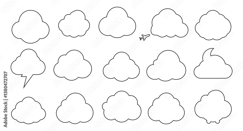 Collection of Simple Cloud Shaped Speech Bubbles Outline Vector Illustrations for Design Projects Collection of Simple Cloud Shaped Speech Bubbles Outline Vector Illustrations for Design Projects