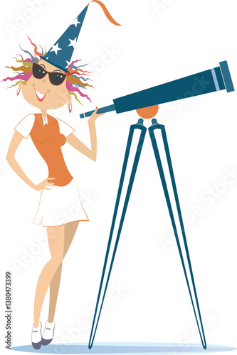 Astronomy scientist or stargazer woman. 
Astronomy scientist or stargazer woman looking through a telescope. Fantasy wizard in tall hat. Isolated white background
