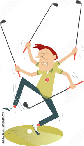 Super golfer plays golf with many clubs at once. 
Funny golfer man with many hands and golf clubs isolated on white
