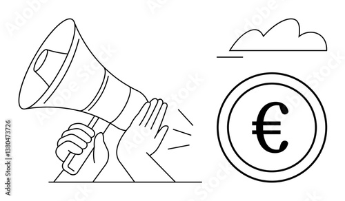 Hands holding megaphone amplifying message, euro coin symbolizing economy, cloud for online reach. Ideal for marketing, finance, communication, advertising, e-commerce, promotion digital economy
