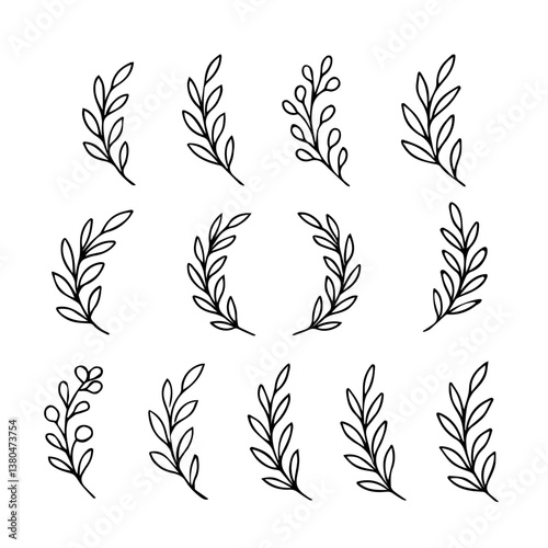 Set of different black and white silhouette round laurel foliate and olive wreaths depicting an award, achievement, heraldry, nobility, emblem. Vector illustration.