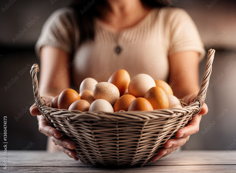 A wicker basket overflowing with various eggs, held gently in the hands.
