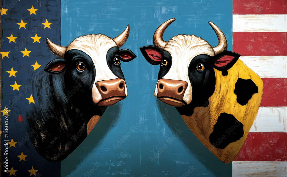 Two stylized cows, one representing the EU and the other the US, face each other, symbolizing economic forces.