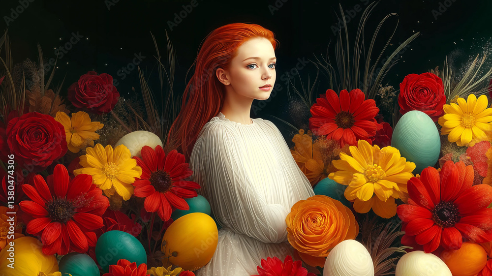 A young woman with vibrant red hair, surrounded by a profusion of colorful flowers and Easter eggs.