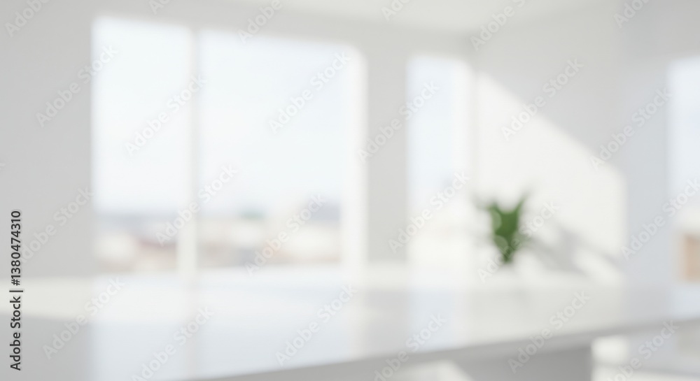 Fototapeta premium A blurred view of a bright white room with large windows and a plant on a shelf near the window light