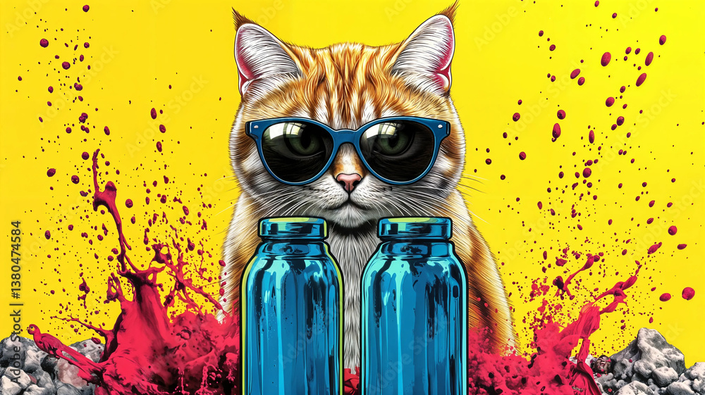 A stylized cat in sunglasses, flanked by vibrant blue bottles, amidst a dynamic explosion of crimson.