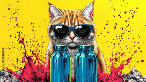 Obraz na płótnie A stylized cat in sunglasses, flanked by vibrant blue bottles, amidst a dynamic explosion of crimson. w salonie