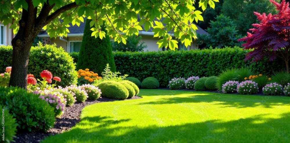 Obraz premium Beautifully manicured lawn and flowerbed with colorful shrubs and trees in a sunny yard, plants, garden