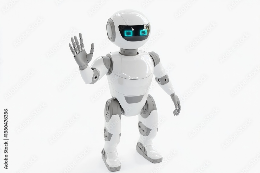 Friendly robot waving, showcasing modern design and advanced tec Friendly robot waving, showcasing modern design and advanced tec