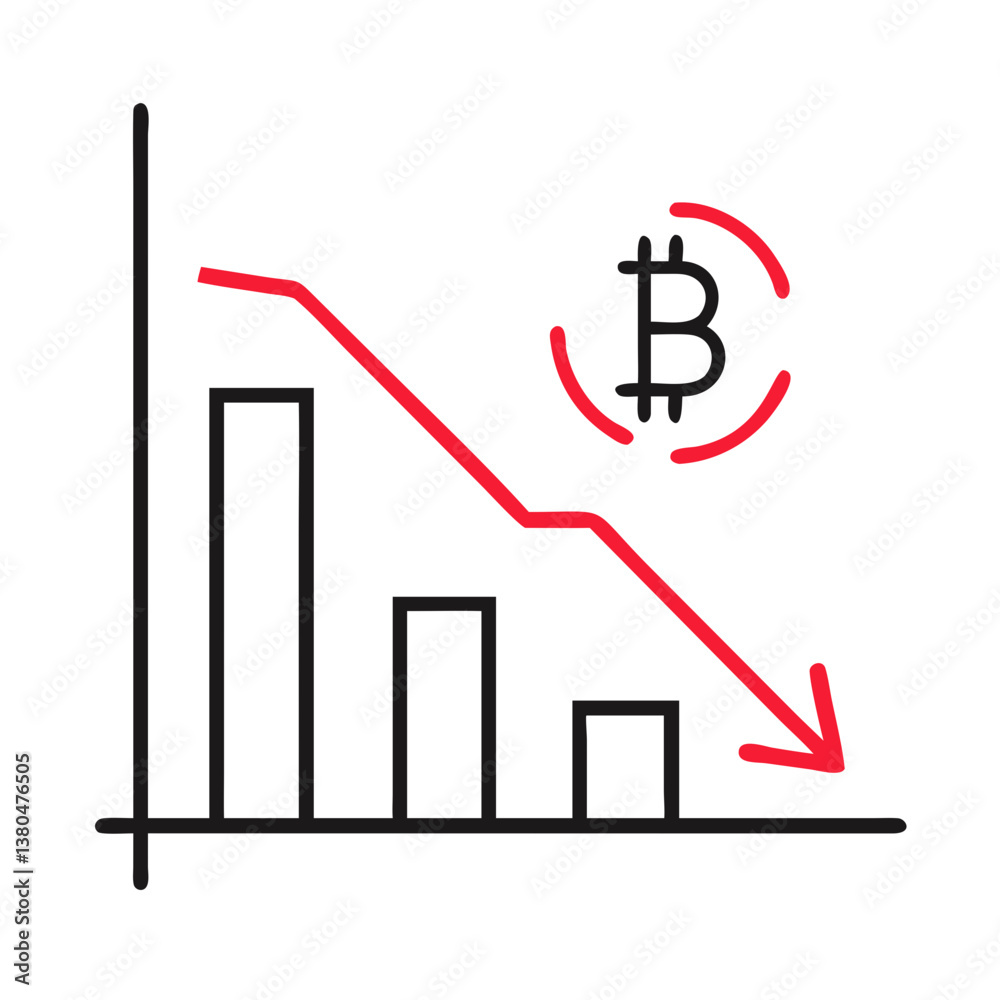 Decline of the crypto market with downward trend graph and bitcoin symbol, Cryptocurrency Fall Chart Icon for financial apps, blockchain platforms, analytics dashboards, fintech startups and investmen Decline of the crypto market with downward trend graph and bitcoin symbol, Cryptocurrency Fall Chart Icon for financial apps, blockchain platforms, analytics dashboards, fintech startups and investmen