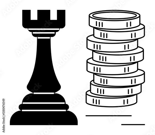 Chess rook symbolizes strategy next to stacked coins for wealth growth, business, investment planning. Ideal for strategy, finance, business, investment, growth success leadership themes. Flat