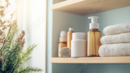 Elegant bathroom shelf featuring natural decor, soft towels, and