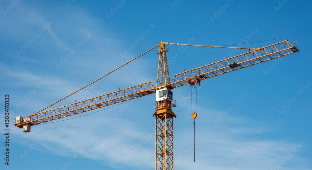 A yellow crane against a clear blue sky with few clouds on a sunny day construction equipment shown A yellow crane against a clear blue sky with few clouds on a sunny day construction equipment shown